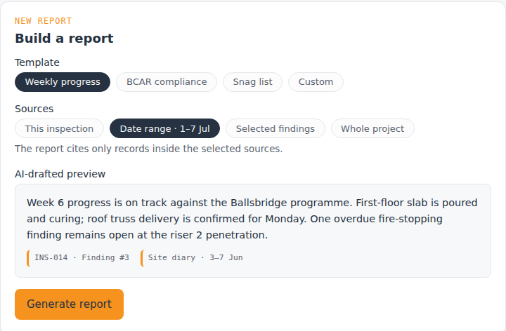 Build a report card with a weekly progress template, selected sources, and an AI-drafted preview carrying source chips above a Generate report button