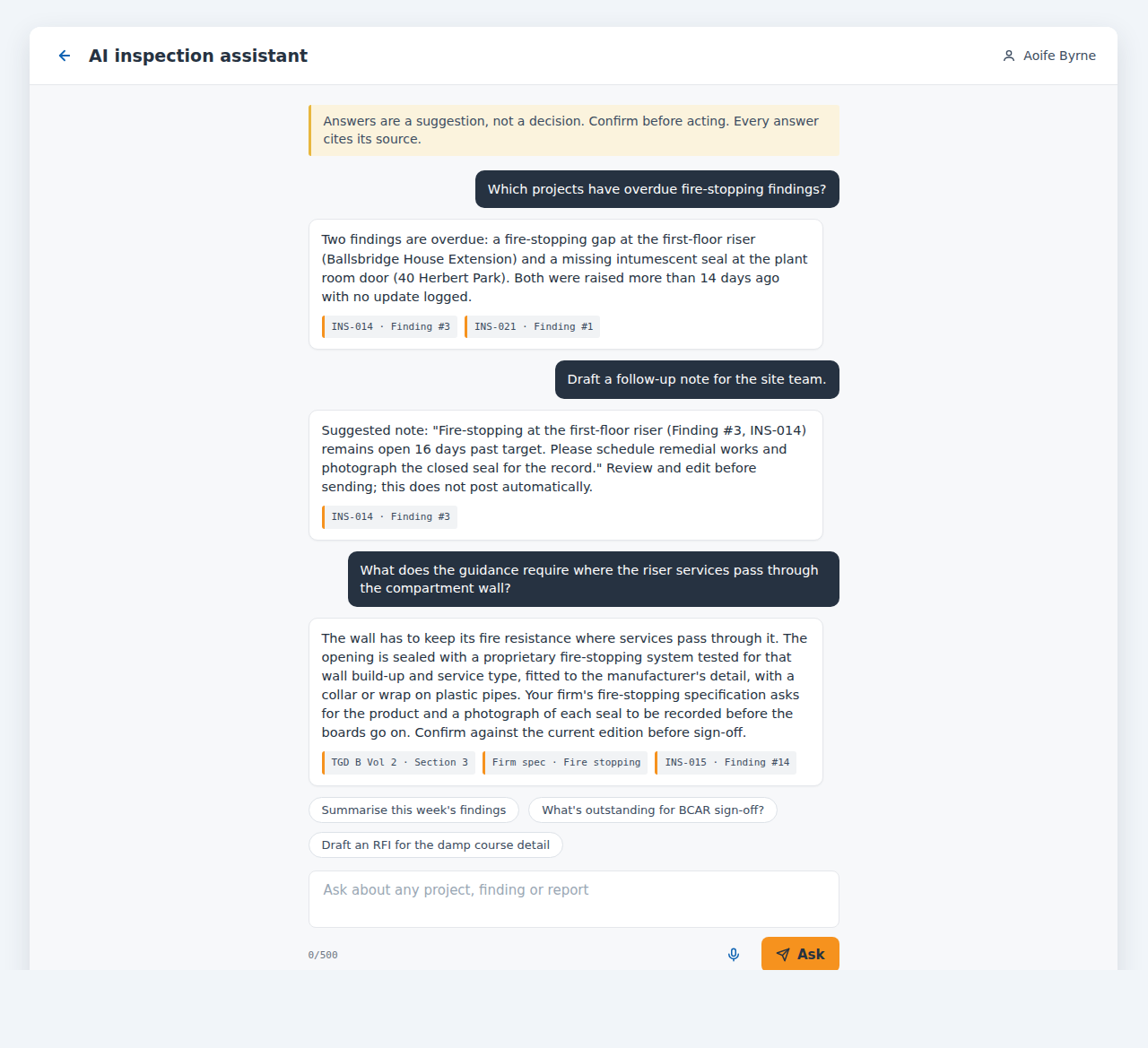 AI inspection assistant answering which projects have overdue fire-stopping findings, drafting a follow-up note, and answering what the guidance requires at a riser penetration from Technical Guidance Document B and the firm's own specification, each answer citing its sources