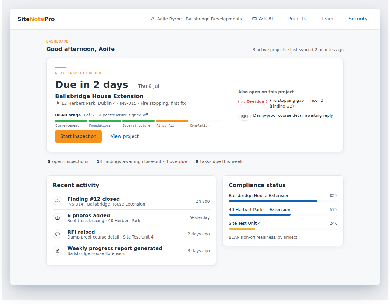 SiteNotePro dashboard showing the next inspection due, open findings, recent activity and compliance readiness per project