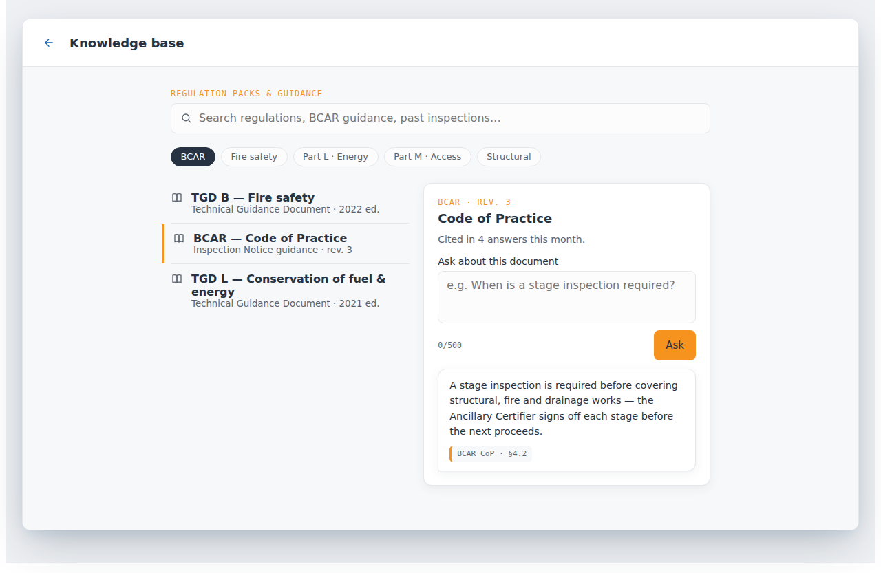 Knowledge base with regulation packs including Technical Guidance Documents and the BCAR Code of Practice, and a cited answer to a question about stage inspections