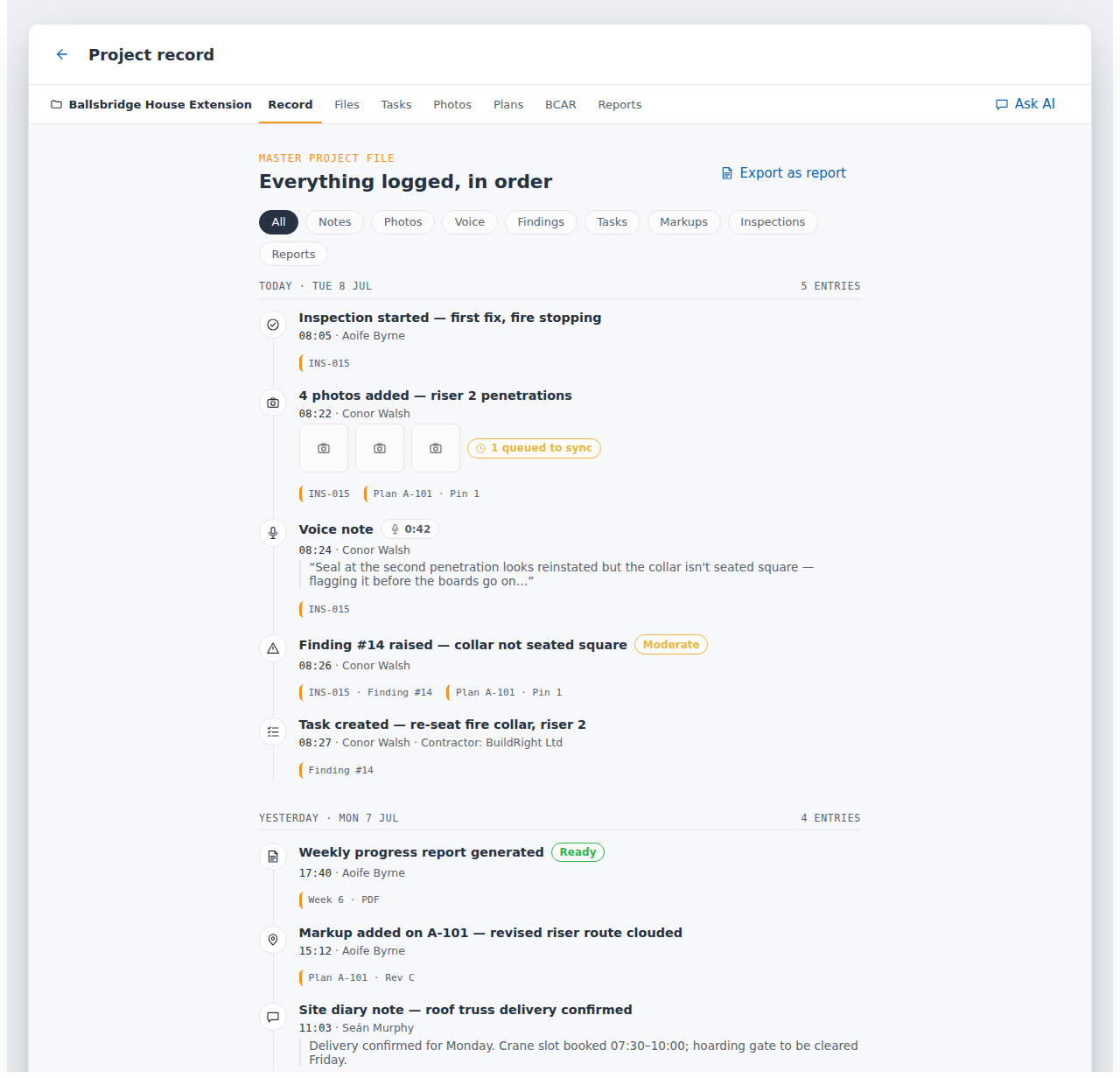 Master Project File timeline listing an inspection start, photos queued to sync, a transcribed voice note, a finding raised and a task created, in time order