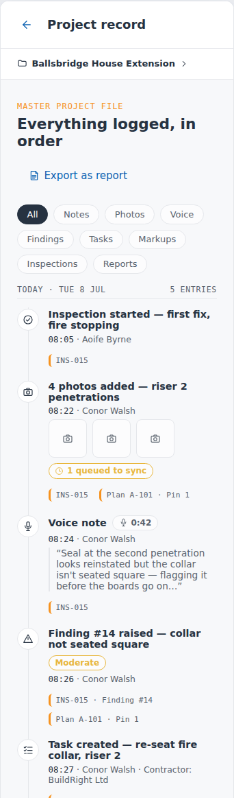Phone Master Project File timeline with a photo set queued to sync