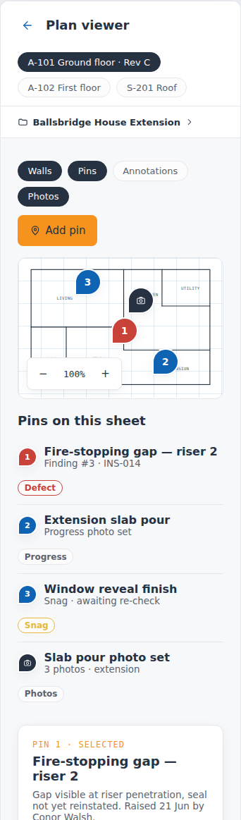 Phone plan viewer with pins on a floor plan